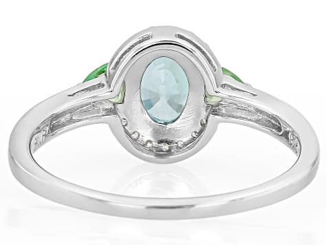 Blue Zircon with Mint Tsavorite and White Zircon Rhodium Over Sterling Silver Ring 1.43ctw