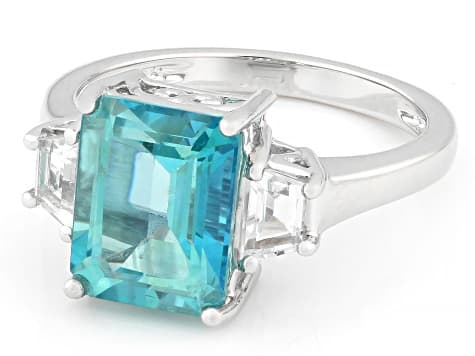 Blue Paraiba Color Topaz Rhodium Over Sterling Silver Ring 4.13ctw