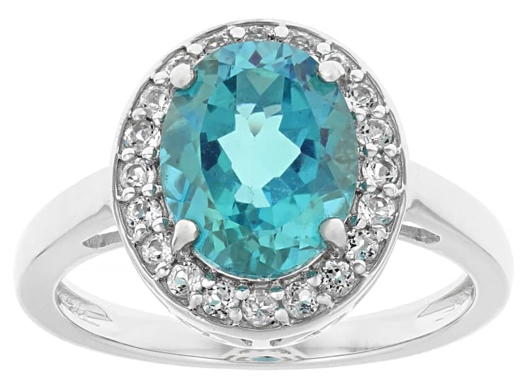 Blue Paraiba Color Topaz Rhodium Over Sterling Silver Ring 3.07ctw