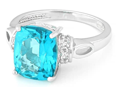 Blue Paraiba Color Topaz Rhodium Over Sterling Silver Ring 4.52ctw