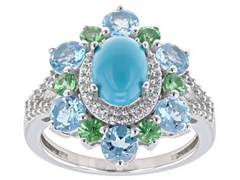 Blue Sleeping Beauty Turquoise with Multi Gemstone Rhodium Over Sterling Silver Ring 2.09ctw