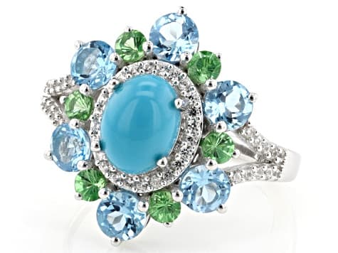 Blue Sleeping Beauty Turquoise with Multi Gemstone Rhodium Over Sterling Silver Ring 2.09ctw