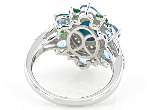 Blue Sleeping Beauty Turquoise with Multi Gemstone Rhodium Over Sterling Silver Ring 2.09ctw