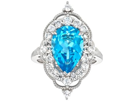 Swiss Blue Topaz with White Zircon Rhodium Over Sterling Silver Ring 5.41ctw