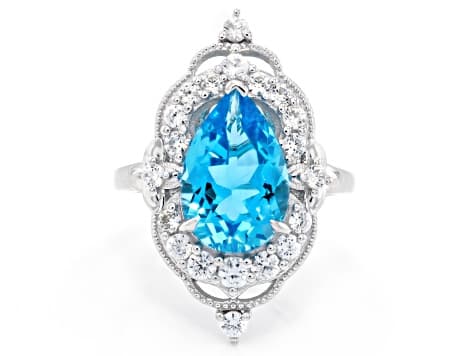 Swiss Blue Topaz with White Zircon Rhodium Over Sterling Silver Ring 5.41ctw