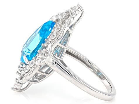 Swiss Blue Topaz with White Zircon Rhodium Over Sterling Silver Ring 5.41ctw
