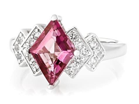 Rhombus Cut Pink Topaz with White Topaz Rhodium Over Sterling Silver Ring 2.37ctw