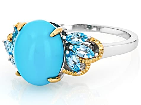 Blue Sleeping Beauty Turquoise Rhodium & 18K Yellow Gold Over Silver Ring 0.45ctw