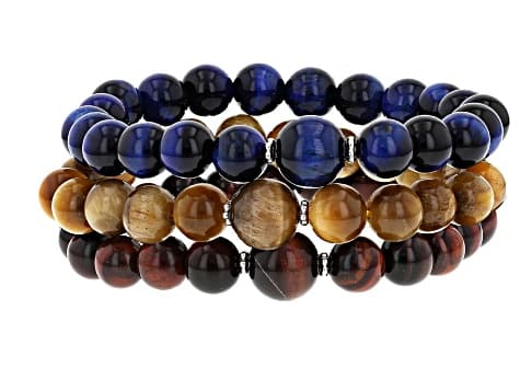 Multi-Color Tiger's Eye Rhodium Over Sterling Silver Stretchable Bracelet Set Of 3