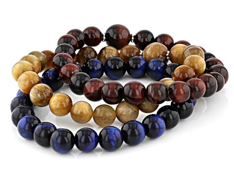 Multi-Color Tiger's Eye Rhodium Over Sterling Silver Stretchable Bracelet Set Of 3