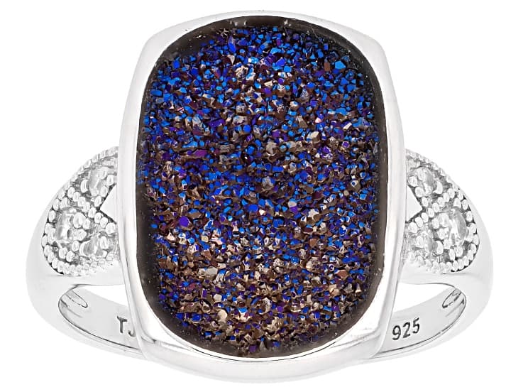 Blue Druzy Quartz And White Zircon Rhodium Over Sterling Silver Solitaire Ring 3.57ctw