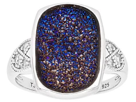 Blue Druzy Quartz And White Zircon Rhodium Over Sterling Silver Solitaire Ring 3.57ctw