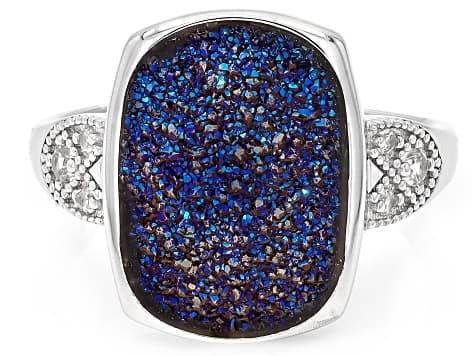 Blue Druzy Quartz And White Zircon Rhodium Over Sterling Silver Solitaire Ring 3.57ctw