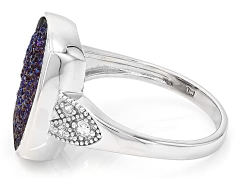 Blue Druzy Quartz And White Zircon Rhodium Over Sterling Silver Solitaire Ring 3.57ctw