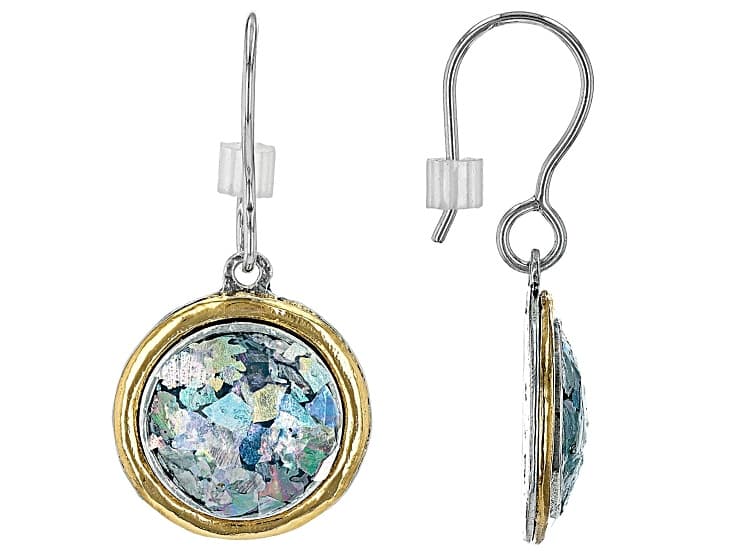 Two Tone Sterling Silver & 14K Gold Over Silver Roman Glass Earrings 12mm