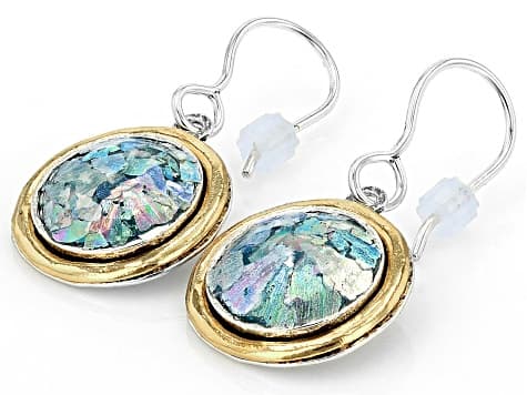 Two Tone Sterling Silver & 14K Gold Over Silver Roman Glass Earrings 12mm