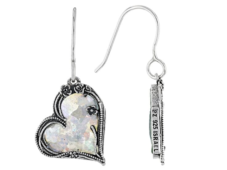 15x13mm Roman Glass Sterling Silver Heart Earrings