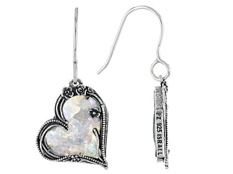 15x13mm Roman Glass Sterling Silver Heart Earrings