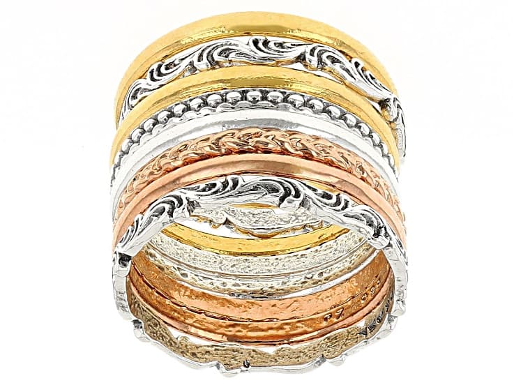 Sterling Silver, 14K Gold Over Silver, Rose Gold Over Silver 8 Piece Stacked Textured Rings