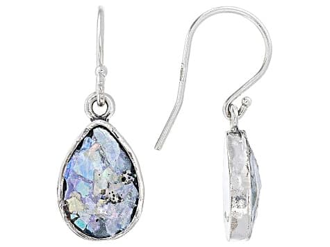 Roman Glass Sterling Silver Teardrop Earrings 12x8mm