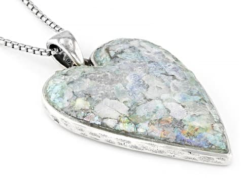 32x22mm Roman Glass Sterling Silver Elongated Heart Pendant With 18" Box Chain