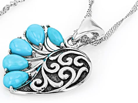 Blue Sleeping Beauty Turquoise Rhodium Over Silver Heart Enhancer with 18" Chain