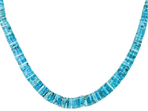 Blue Kingman Turquoise Heishi Graduated Sterling Silver Necklace 3-8mm