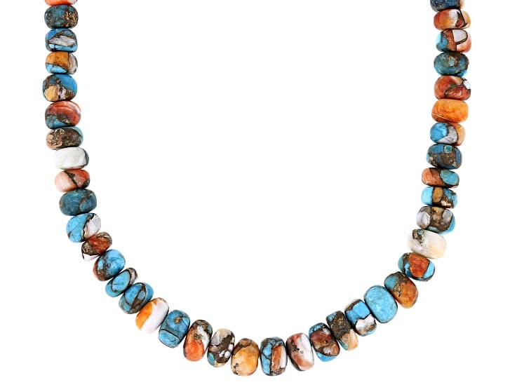 Blended Turquoise & Spiny Oyster Shell Sterling Silver Beaded 18" Necklace, 5-7mm
