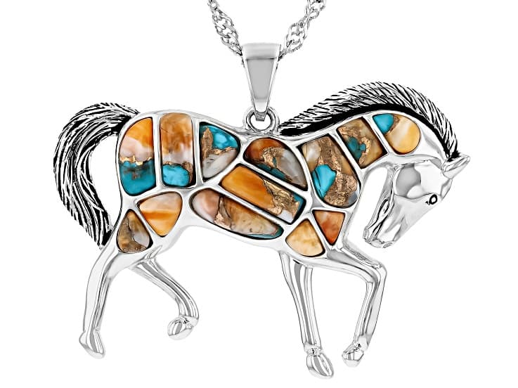 Composite Turquoise with Spiny Oyster Shell Sterling Silver Horse Pendant with Chain