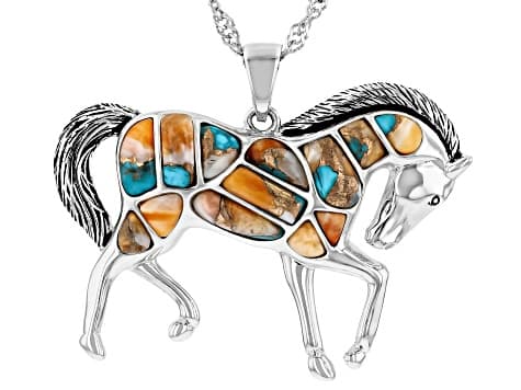 Composite Turquoise with Spiny Oyster Shell Sterling Silver Horse Pendant with Chain