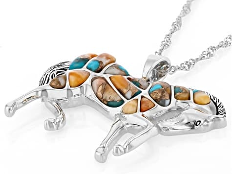 Composite Turquoise with Spiny Oyster Shell Sterling Silver Horse Pendant with Chain