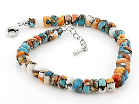 Blended Composite Turquoise & Spiny Oyster Shell Sterling Silver Beaded Bracelet, 5-7mm