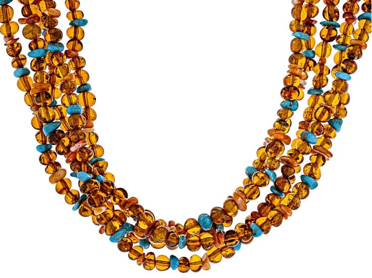Sleeping Beauty Turquoise, Spiny Oyster, Amber Rhodium Over Silver Beaded 5- Strand Necklace