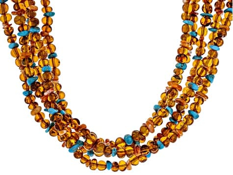 Sleeping Beauty Turquoise, Spiny Oyster, Amber Rhodium Over Silver Beaded 5- Strand Necklace