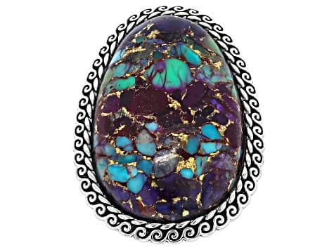 Blended Multi-Color Composite Turquoise Rhodium Plated Ring.