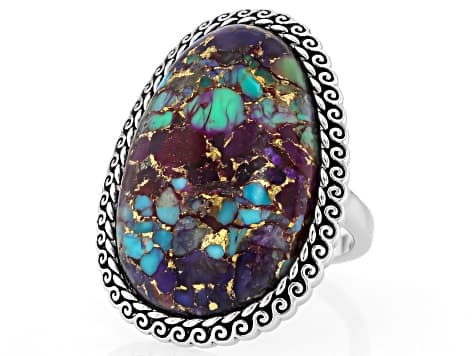 Blended Multi-Color Composite Turquoise Rhodium Plated Ring.