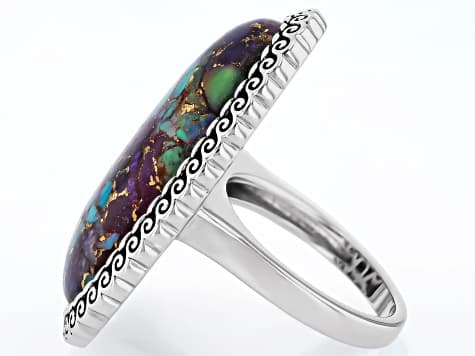Blended Multi-Color Composite Turquoise Rhodium Plated Ring.
