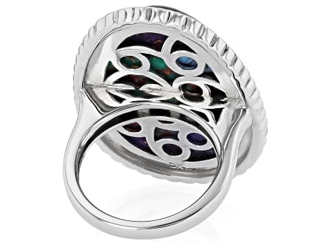 Blended Multi-Color Composite Turquoise Rhodium Plated Ring.