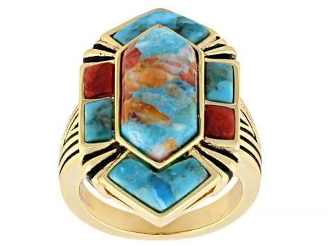 Composite Turquoise with Spiny Oyster Shell and Sponge Coral 18K Yellow Gold-Plated Ring