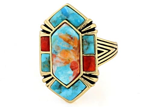 Composite Turquoise with Spiny Oyster Shell and Sponge Coral 18K Yellow Gold-Plated Ring