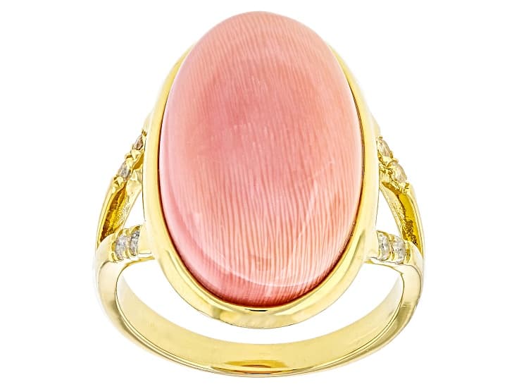 Pink Conch Shell With White Zircon 18k Yellow Gold Over Sterling Silver Ring 0.13ctw