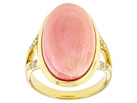 Pink Conch Shell With White Zircon 18k Yellow Gold Over Sterling Silver Ring 0.13ctw