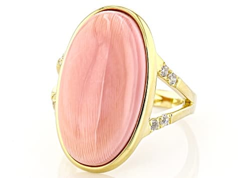 Pink Conch Shell With White Zircon 18k Yellow Gold Over Sterling Silver Ring 0.13ctw