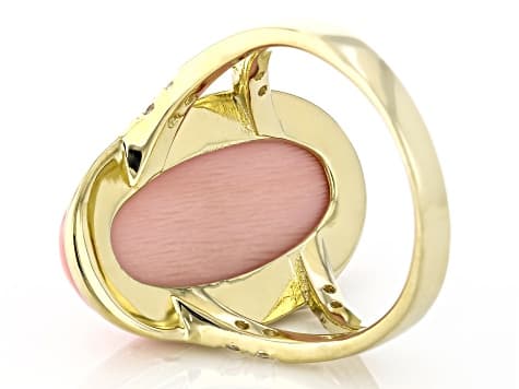 Pink Conch Shell With White Zircon 18k Yellow Gold Over Sterling Silver Ring 0.13ctw
