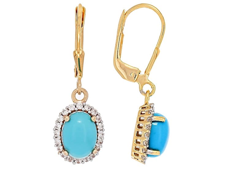 Sleeping Beauty Turquoise With White Zircon 18k Yellow Gold Over Sterling Silver Earrings 0.28ctw