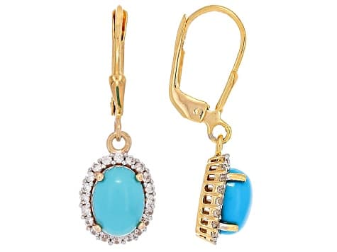Sleeping Beauty Turquoise With White Zircon 18k Yellow Gold Over Sterling Silver Earrings 0.28ctw