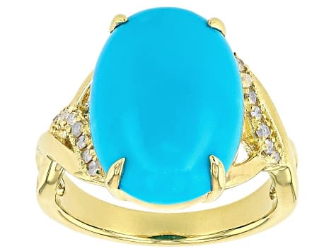 Sleeping Beauty Turquoise, White Diamond 18k Yellow Gold Over Sterling Silver Ring 17x12mm, 0.10ctw