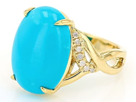 Sleeping Beauty Turquoise, White Diamond 18k Yellow Gold Over Sterling Silver Ring 17x12mm, 0.10ctw