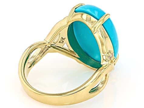 Sleeping Beauty Turquoise, White Diamond 18k Yellow Gold Over Sterling Silver Ring 17x12mm, 0.10ctw