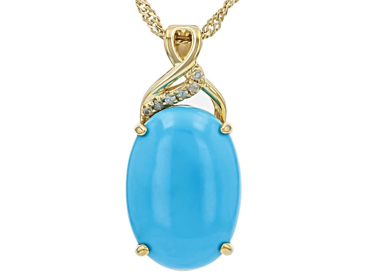 Sleeping Beauty Turquoise With White Diamond 18k Yellow Gold Over Silver Pendant with Chain 0.04ctw